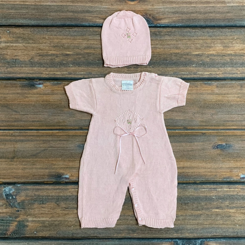 Designer Kids 3-6 Months Girl Pink Knit Romper and Hat - with Flower/Ribbon